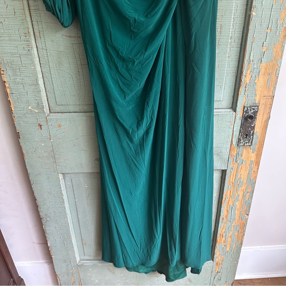 NWT Mac Duggal One Shoulder Puff Sleeve Faux Wrap Gown 10 Emerald Green Dress - Picture 7 of 11